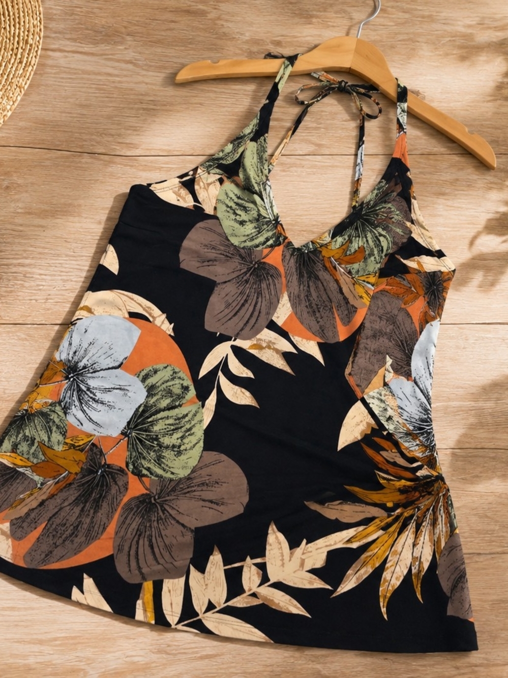 Floral Halter Tank Top - Black with Green & Orange Print